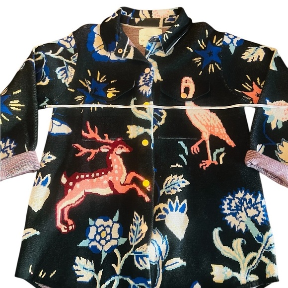 BY ANTHROPOLOGIE WOMEN’S CUTE SHACKET SWEATER BLACK WITH FLAMINGOS & FLORAL SZ M - Picture 9 of 9